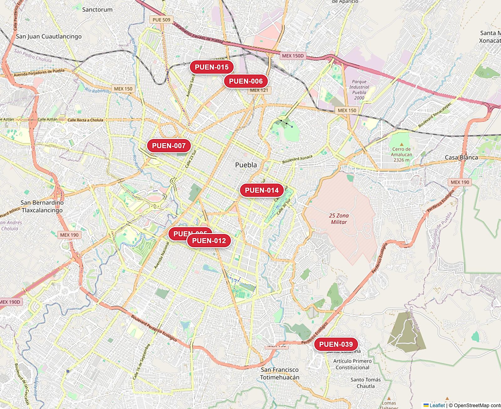 Mapa de Puebla con las siete ubicaciones de puentes
                      publicitarios de SAPUBLEX señaladas.