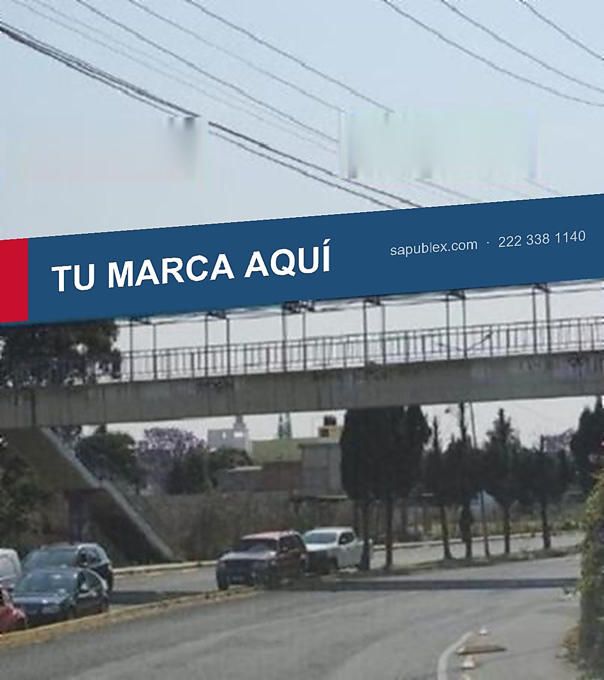 Lona publicitaria instalada a lo ancho de un puente
                    peatonal sobre una avenida.